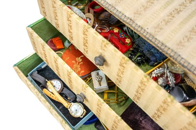 Lot 74 - A fabric covered four drawer collectors chest, together with miscellaneous contents.