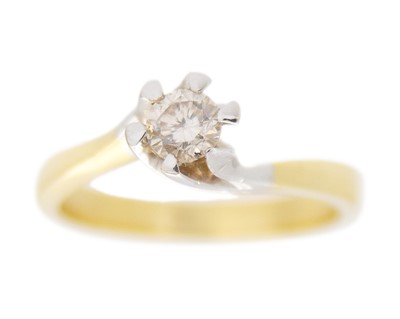 Lot 123 - An 18k yellow and white gold, diamond-set twisted-design solitaire ring.