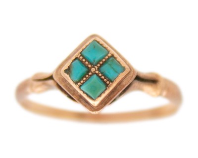 Lot 180 - A delicate Victorian rose gold (tests as 14k) turquoise set ring.