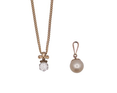 Lot 99 - A CZ set gold pendant, a cultured pearl gold-mounted pendant, and a 9k curb link neck-chain.