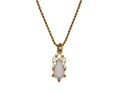 Lot 47 - A Victorian Etruscan Revival gold-mounted precious white opal set pendant, on a gold rope twist neck chain.