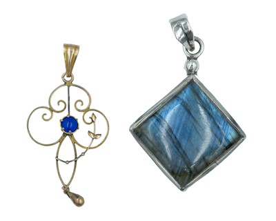 Lot 239 - An Art Nouveau gold blue paste set pendant, and a modern 925 silver labradorite set pendant.