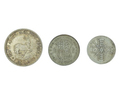 Lot 41 - A 1948 5 shilling .800 silver coin, Victoria silver florin and a George V .500 silver half crown.