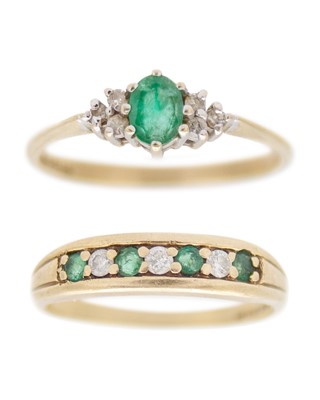 Lot 72 - Two modern 9k hallmarked gold diamond and emerald set rings.