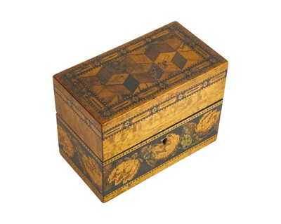Lot 137 - A Victorian satinwood and Tunbridge inlaid two bottle scent casket.