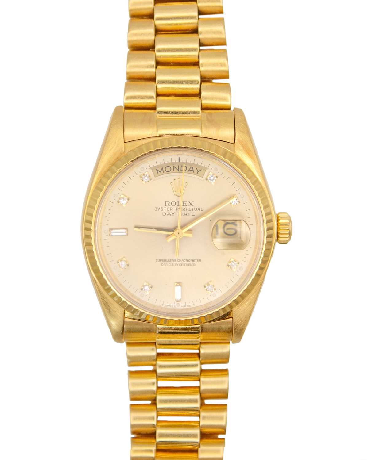 Lot 657 - ROLEX - A fine 18k Oyster Perpetual Day-Date gentleman's bracelet wristwatch with diamond set dial.
