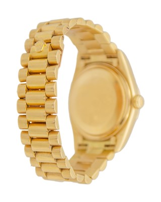 Lot 657 - ROLEX - A fine 18k Oyster Perpetual Day-Date gentleman's bracelet wristwatch with diamond set dial.