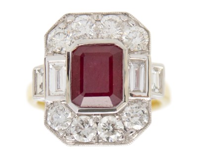 Lot 109 - A large 18k yellow and white gold Art Deco-style ruby and diamond set ring.