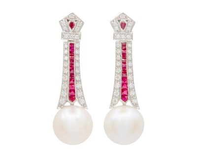 Lot 126 - An attractive pair of 18k white gold Art Deco-style diamond, pearl and ruby long drop earrings.