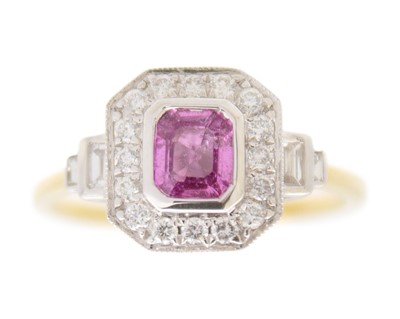 Lot 127 - An 18k yellow and white gold Art Deco style ring set with a pink sapphire and diamonds.