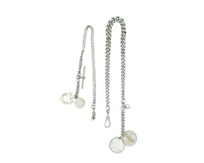 Lot 545 - A heavy silver Albert watch chain with two silver coin fobs.