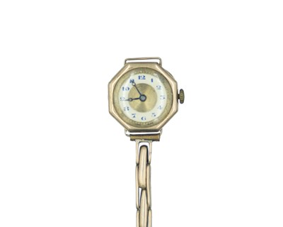 Lot 714 - A 1920's 9k lady's manual wind bracelet wristwatch on 9k expanding bracelet.