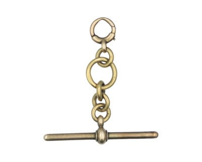 Lot 569 - A gold T-bar and suspension chain with spring clasp for a watch chain.