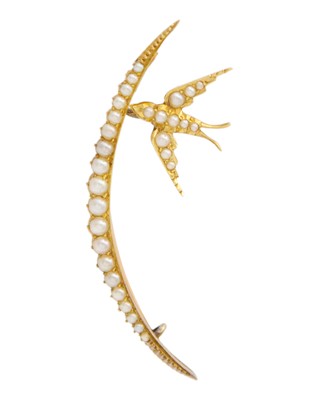 Lot 146 - A Victorian gold seed pearl set crescent and swallow brooch.