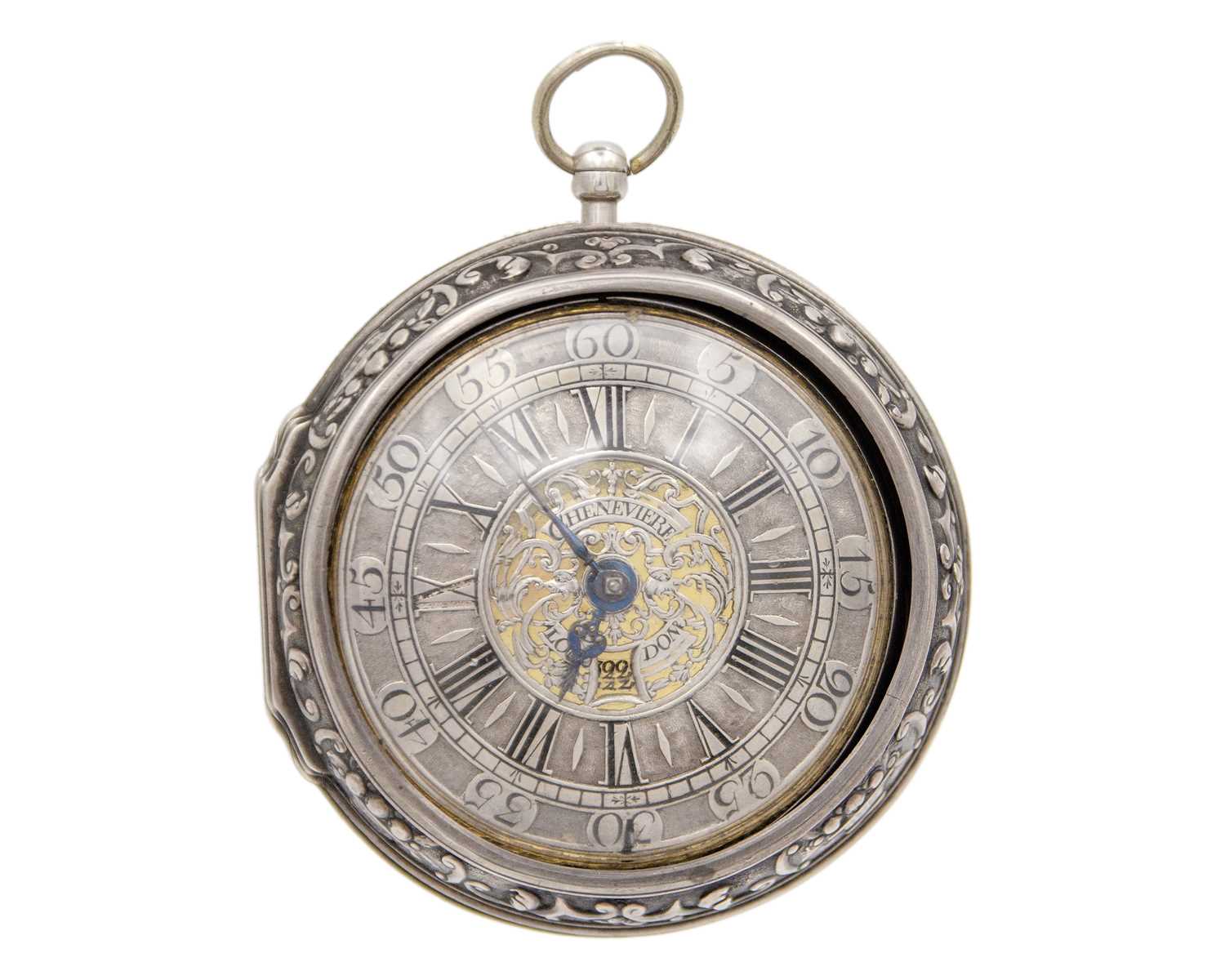 Lot 505 - A fine early 18th-century silver pair case fusee verge calendar pocket watch, signed CHENEVIERE LONDON.