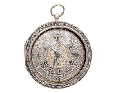Lot 505 - A fine early 18th-century silver pair case fusee verge calendar pocket watch, signed CHENEVIERE LONDON.