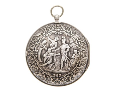 Lot 505 - A fine early 18th-century silver pair case fusee verge calendar pocket watch, signed CHENEVIERE LONDON.