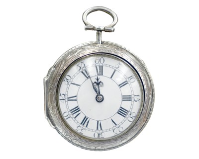 Lot 506 - An early 18th-century repoussé silver pair cased fusee verge pocket watch signed Jo Kirk London.
