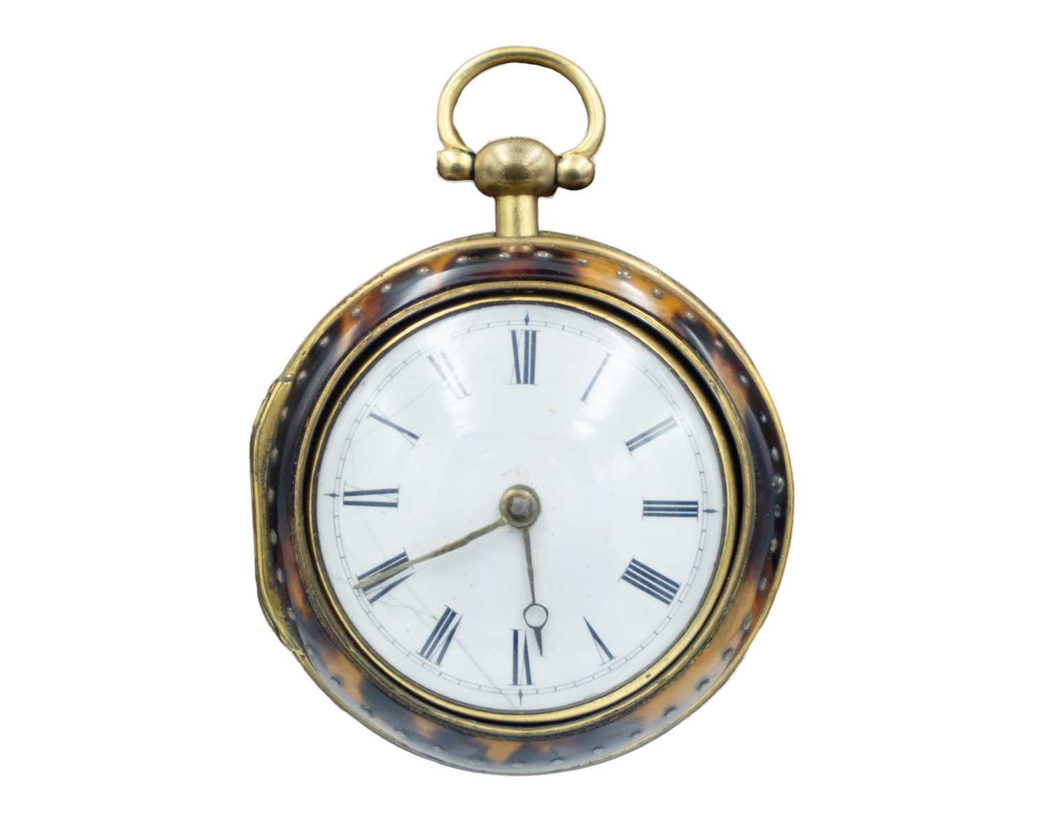 Lot 518 - An 18th-century gilt-metal and tortoiseshell pair-case fusee verge pocket watch, R Temple, London.
