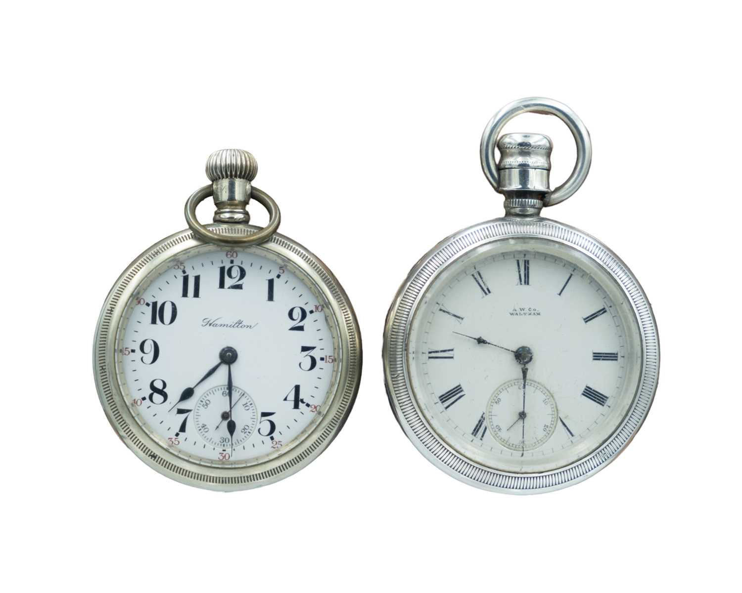 Lot 523 - Two American nickel-silver cased keyless lever pocket watches, by HAMILTON & WALTHAM
