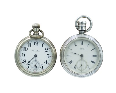Lot 523 - Two American nickel-silver cased keyless lever pocket watches, by HAMILTON & WALTHAM
