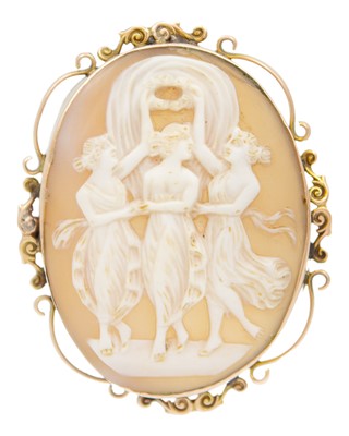 Lot 152 - A 9k mounted oval shell cameo brooch of the three Graces.