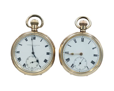 Lot 533 - Two gold-plated keyless wind open face lever pocket watches.
