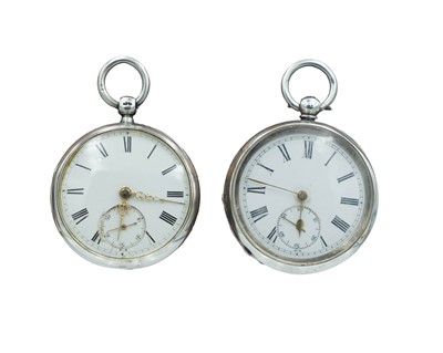 Lot 708 - Two silver-cased key-wind lever pocket watches for repair or spares.