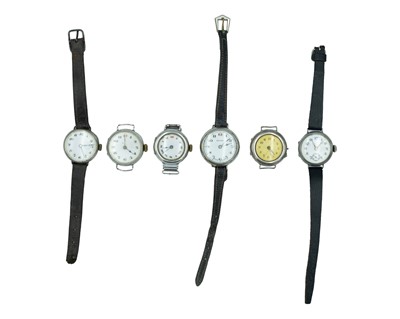 Lot 719 - A selection of six Swiss wire-lug manual wind wristwatches.