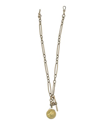 Lot 607 - A 9k paper-clip link double Albert watch chain with applied 9k mounted 1974 full sovereign coin fob.