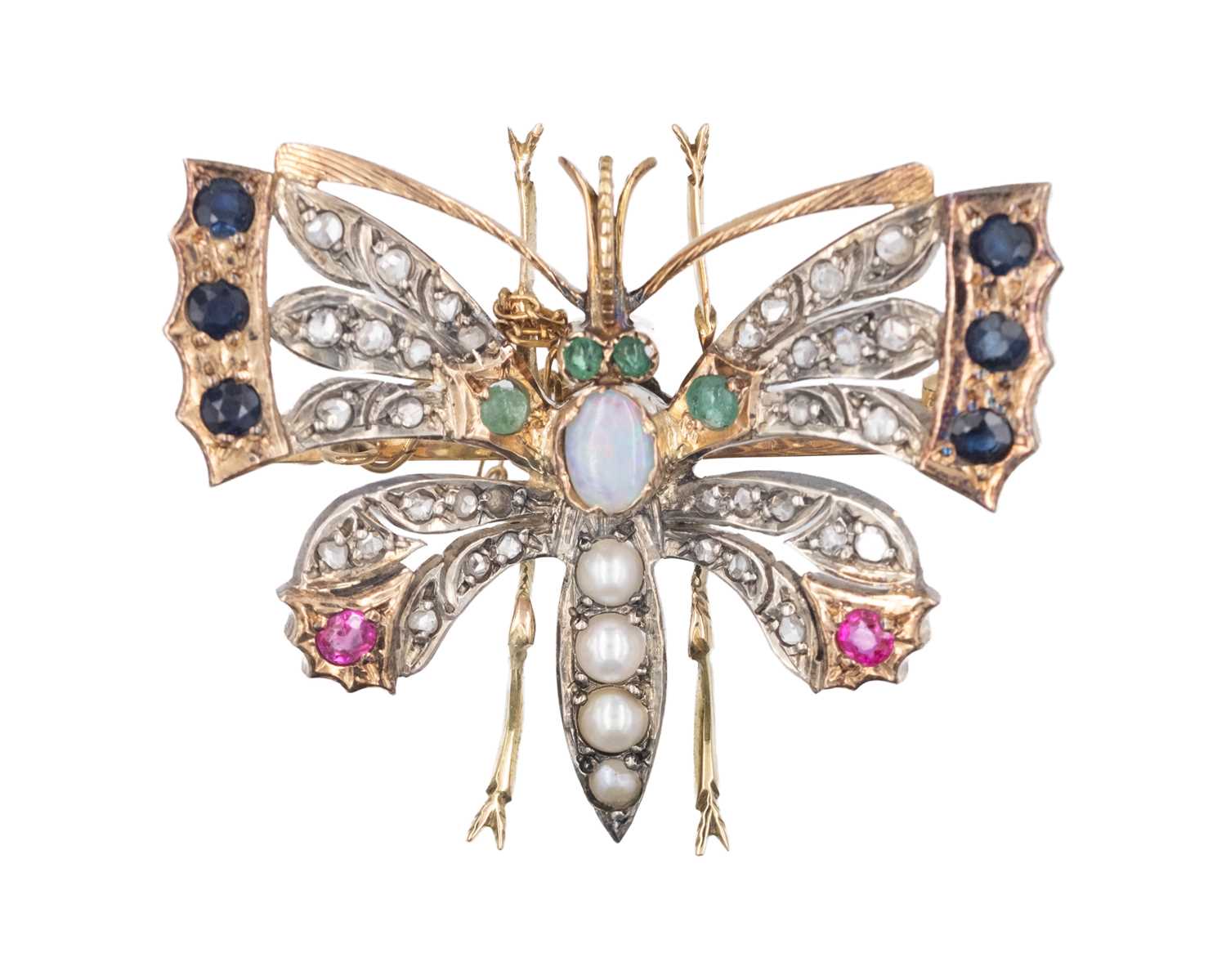 Lot 230 - A late Victorian 14k (tested) rose gold multi-gem set brooch.
