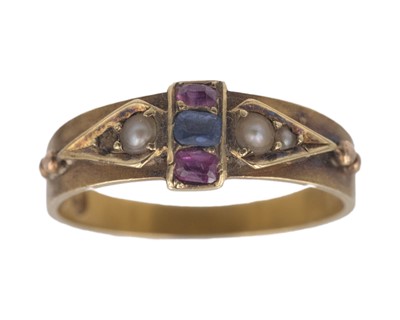 Lot 231 - A Victorian 15k ruby, sapphire and seed pearl set band ring.