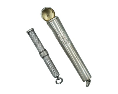 Lot 570 - SAMPSON & MORDAN & CO - A Victorian silver engine turned fob propelling pencil, & a silver fob cheroot holder.