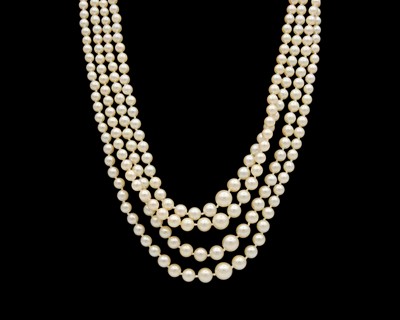 Lot 209 - CROPP & FARR - A four-strand graduated cultured pearl necklace, strung to a 9k rose gold clasp.