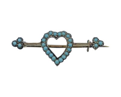 Lot 197 - A Victorian high-purity gold turquoise set witches' heart brooch.