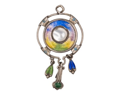 Lot 213 - JAMES FENTON & CO - An Arts & Crafts silver and enamel pendant with mother-of-pearl inset.
