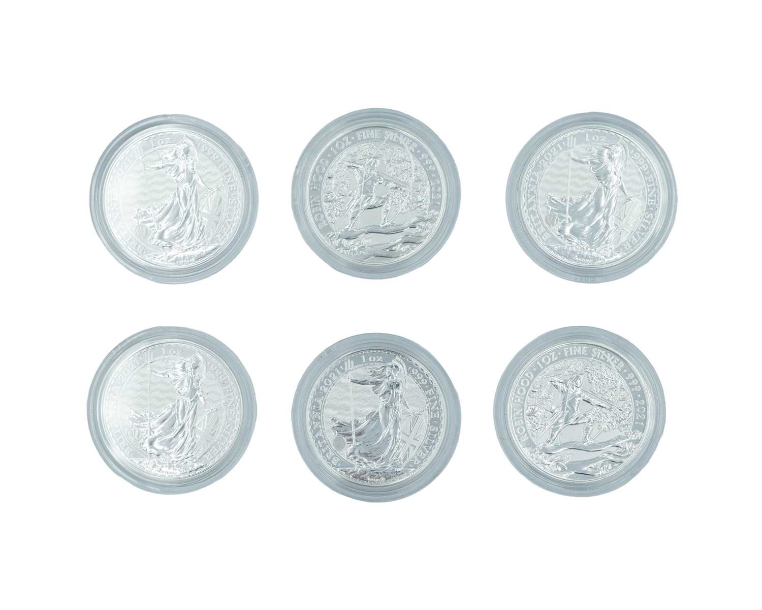 Lot 48 - GB - Six .900 fine silver 1 ounce proof coins, including 4 x Britannia and 2 x Robin Hood coins.
