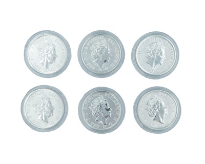 Lot 48 - GB - Six .900 fine silver 1 ounce proof coins, including 4 x Britannia and 2 x Robin Hood coins.