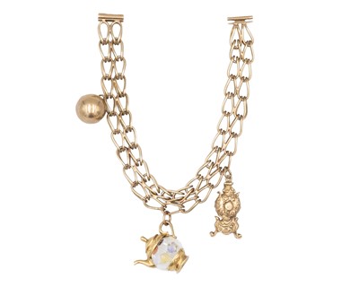 Lot 239 - A 9k double row fancy-link bracelet, applied with three 9k charms.