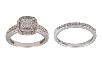 Lot 238 - A 9k white gold contemporary diamond set cluster ring, and a matching diamond band ring.