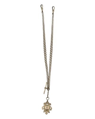 Lot 552 - A 9k rose-gold double Albert watch chain with 9k shield fob.