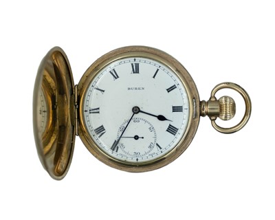 Lot 542 - BUREN - A gold-plated full-hunter keyless wind pocket watch.