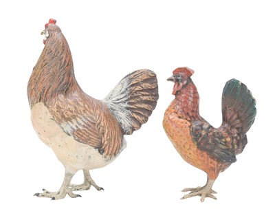 Lot 12 - A cold painted bronze figure of a cockerel and another of a hen.