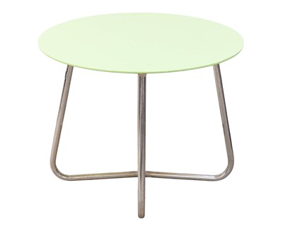 Lot 174 - A Bauhaus style circular green glass topped chrome occasional table.