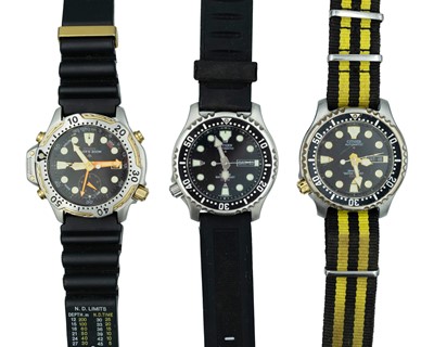 Lot 695 - CITIZEN - Three Promaster Diver's gentleman's wristwatches, two automatic, the other quartz.