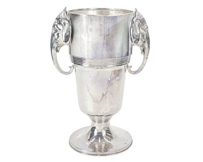 Lot 54 - A large silver plated champagne/wine cooler, with twin elephant mask handles.