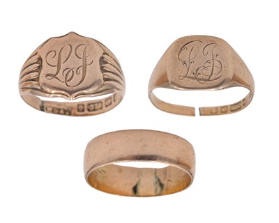 Lot 242 - A selection of three 9k hallmarked rose gold rings.