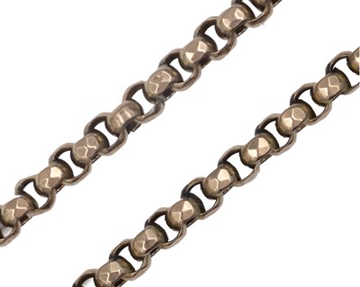 Lot 252 - A Victorian 9k longuard chain with 9k dog-clip and spring-bolt clasps.