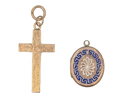 Lot 250 - A 9k gold crucifix by Payton, Pepper & Sons Ltd, and a 9k gold front & back enamelled locket..