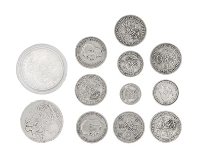 Lot 23 - GB - A selection of 8 pre-1947 .500 silver coins, a Victoria 1889 crown, & a USA 1883 Morgan dollar.